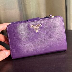 Prada Purple Saffiano Zip Wallet with Gold Logo